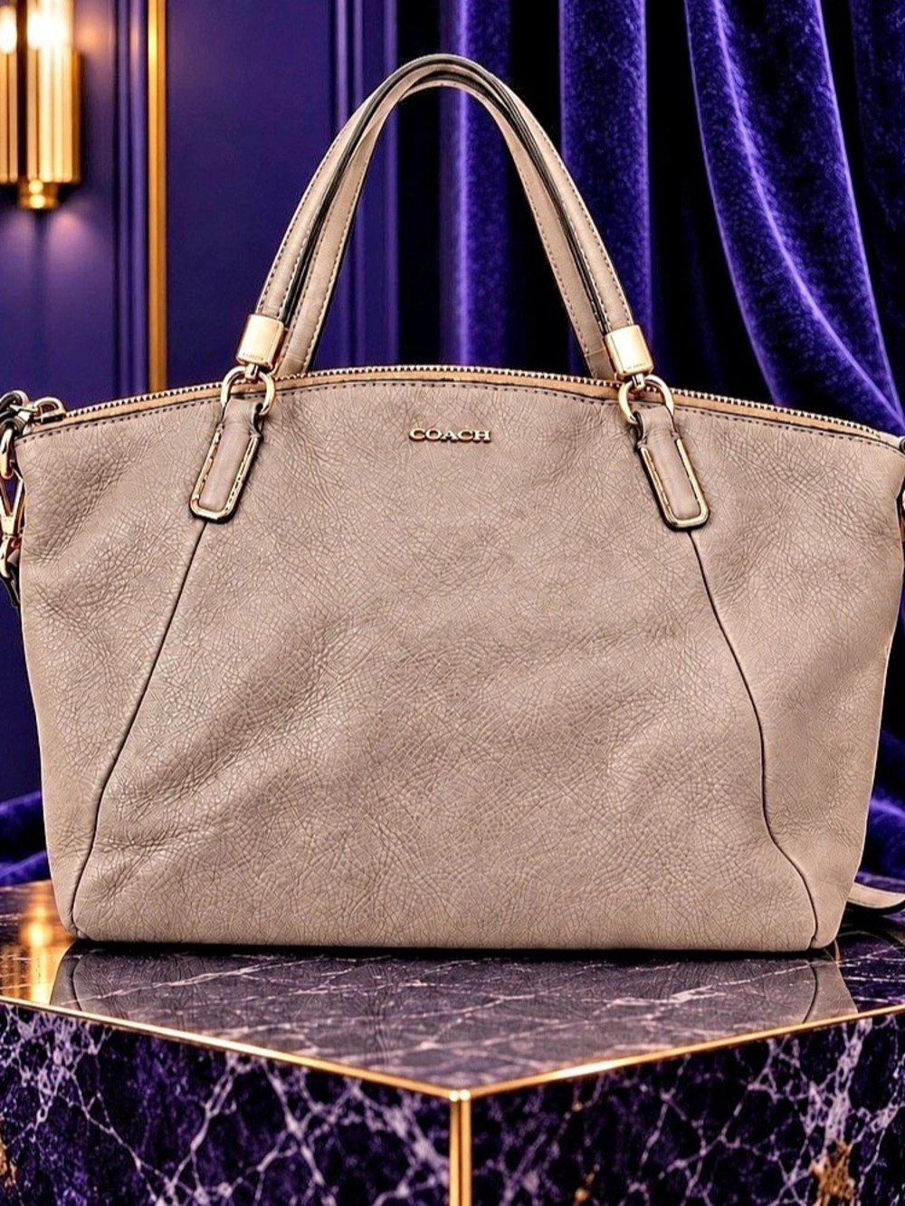 Coach Gray Taupe Pebbled Leather Zip Crossbody Satchel Bag Purple Lining Purse